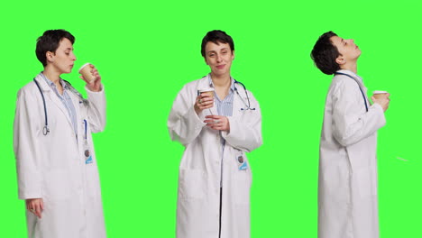 Happy-medic-serving-hot-coffee-cup-as-refreshment-against-greenscreen-backdrop